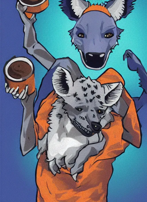 Prompt: An anthropomorphic blue hyena holding a block of ramen