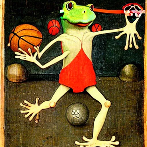 Image similar to a six foot tall anthropomorphic frog playing basketball, hieronymus bosch