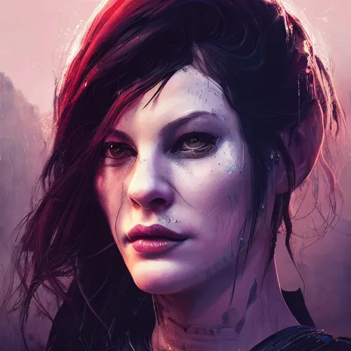 Image similar to liv tyler portrait, dystopia core, apocalyptic, armor, warrior, dramatic, sharp focus, fiction, neon, fantasy, hyper detailed, digital art, trending in artstation, cinematic lighting, studio quality, smooth render, unreal engine 5 rendered, octane rendered, art style and nixeu and wlop and krenz cushart