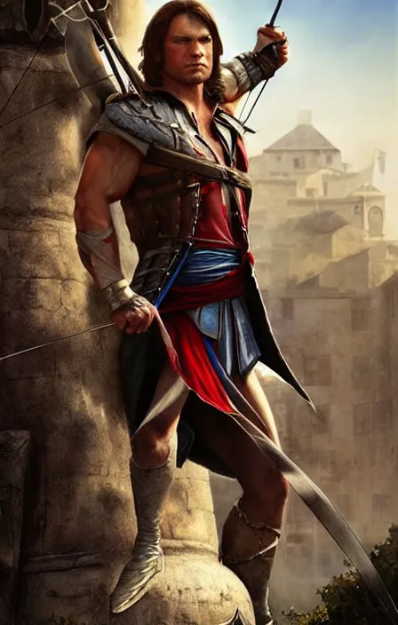 Prompt: pretty muscular sam winchester as an archer in an assasins creed game cover, fantasy style, sharp focus!, ultra detailed, art by artgerm and peter andrew jones, wlop
