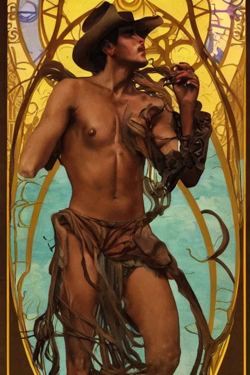 Prompt: a dramatic, epic, ethereal tarot painting of a handsome brown shirtless cowboy | background is a torrential flooding river | tarot!! card, art deco, art nouveau | by Mark Maggiori and Alphonse Mucha | trending on artstation