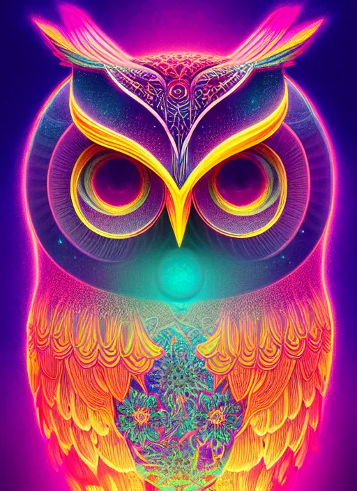 Image similar to symmetry!! product render poster vivid colors divine proportion owl, cosmos, glowing fog intricate, elegant, highly detailed, digital painting, artstation, concept art, smooth, sharp focus, illustration,