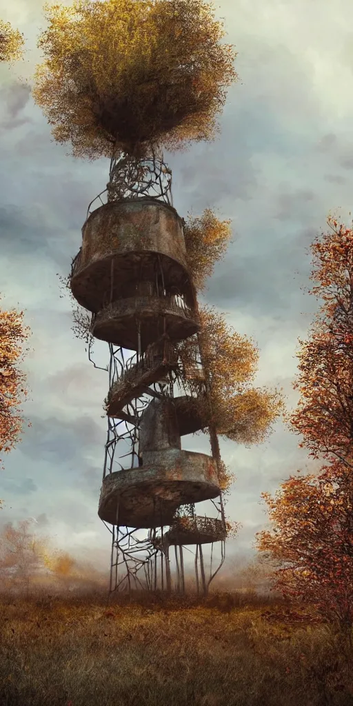 Prompt: tree house on a rusty broken building constructions of a giant upside - down spiral edgy staircase, leading to the sky, the ruins, in the steppe, autumn field, misty background, from the game pathologic 2, highly detailed, sharp focus, matte painting, by isaac levitan and asher brown durand,