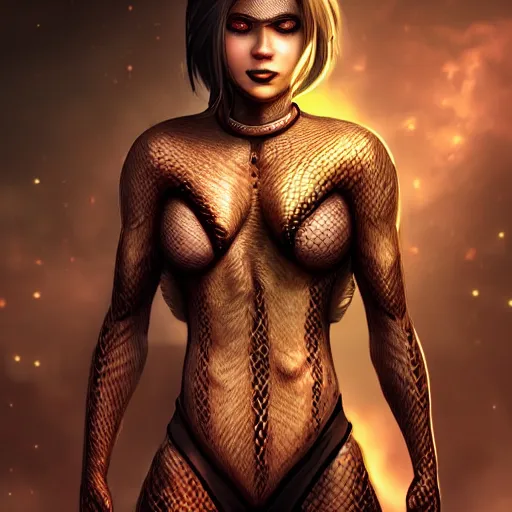 Image similar to snake human hybrid, chest up human lower half snake, black scales, bright amber eyes, chest covered in scales, scales on her chest, formless brests, flat chest, smileing nright, cinematographic shot, artstation, haahn trinh, naga