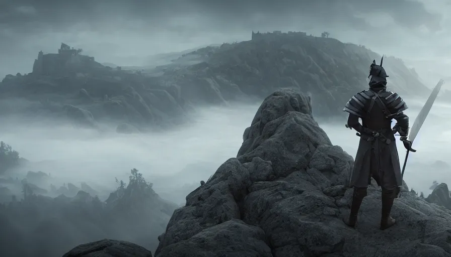 Prompt: medieval soldier atop a ridge looking over a vast medieval kingdom rule by an evil king. the soldier is ready for battle. his trusted dragon circles overhead. it is a somber morning. death is close. prepare for battle. mist, epic, cinematic, volumetric lighting, symmetry, fantasy style, highly - detailed, unreal 5, realism,