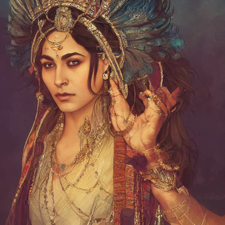 Image similar to portrait of an indian queen, D&D, fantasy, highly detailed, digital painting, artstation, concept art, smooth, sharp focus, illustration, art by greg rutkowski and alphonse mucha and Marta Dahlig