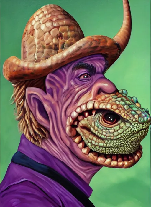 Image similar to oil painting portrait of a cowboy lizard person, a gorn from star trek, a snake oil salesman wearing a blonde wig in a movie poster for a movie called gorn on the bull horn girl, purple green color scheme