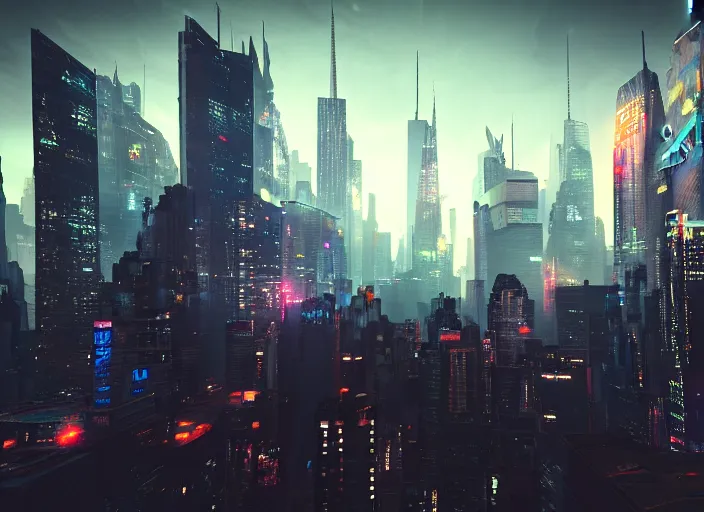 Image similar to cyberpunk scifi scene of new york skyline at night, drones flying, artstation, matt painting, very detailed, maximalism, ambient occlusion, volumetric light, atmospheric haze, unreal engine, hyper realism, realistic shading, cinematic composition, realistic render, octane render, detailed textures, photorealistic, wide shot