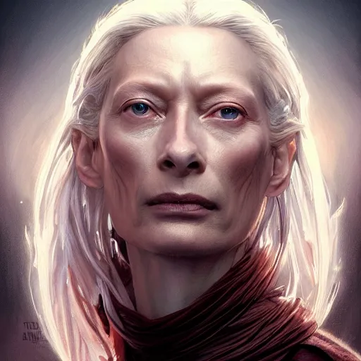 Image similar to ultra realistic illustration, tilda swinton from diablo, intricate, elegant, highly detailed, digital painting, artstation, concept art, smooth, sharp focus, illustration, art by artgerm and greg rutkowski and alphonse mucha