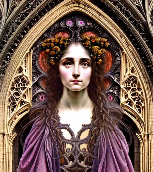 Image similar to hyperrealistic detailed face portrait of a beautiful young goddess morphing into a gothic cathedral, authentic ornamental architecture, intricate and highly detailed, awe inspiring art by ernst haeckel, h. r. giger, alphonso mucha, android jones, james jean, gothic, neo - gothic, heavily ornamental, nice deep colours,