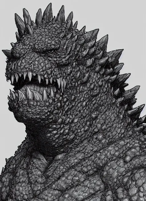 Image similar to close up portrait of a fat blue godzilla wearing a dog collar, powerful, domineering, stoic, intense, ultrafine hyperdetailed illustration by kim jung gi, irakli nadar, intricate linework, sharp focus, octopath traveler, yoji shinkawa, highly rendered, detailed, concept art