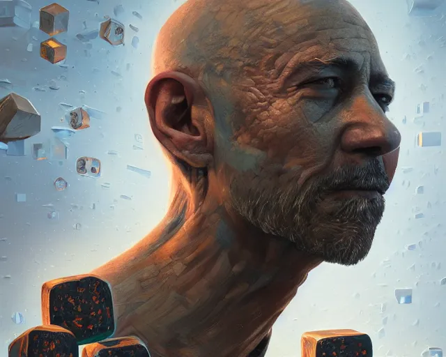 Image similar to portrait of wizard with ion stone cubes orbiting head, intricate abstract. intricate artwork, by tooth wu, wlop, beeple, dan mumford. concept art, octane render, trending on artstation, greg rutkowski very coherent symmetrical artwork. cinematic, key art, hyper realism, high detail, octane render, 8 k, iridescent accents