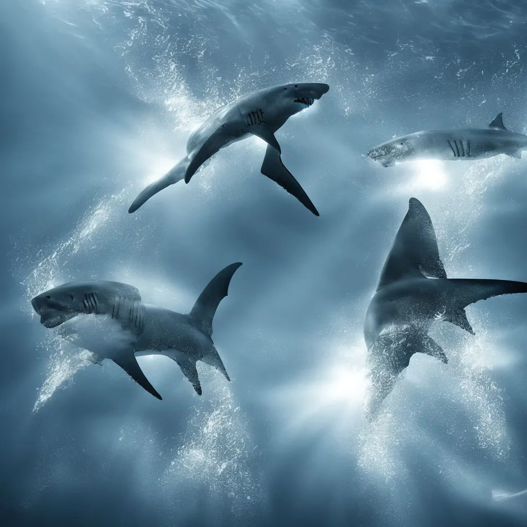 Prompt: great white sharks lurking in the deep ocean, volumetric lighting, sun rays