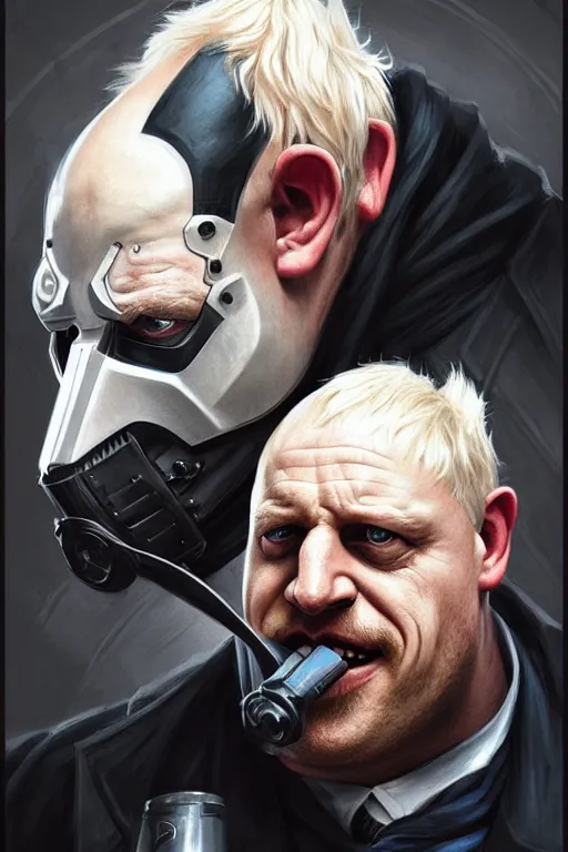 Prompt: Boris Johnson as a Bane from Dark Knight, Boris Johnson hairstyle, realistic portrait, symmetrical, highly detailed, digital painting, artstation, concept art, smooth, sharp focus, illustration, cinematic lighting, art by artgerm and greg rutkowski and alphonse mucha