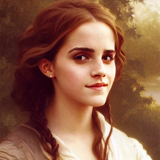 Image similar to Painting of Emma Watson as Hermione Granger. Smiling. Happy. Cheerful. Art by william adolphe bouguereau. During golden hour. Extremely detailed. Beautiful. 4K. Award winning.