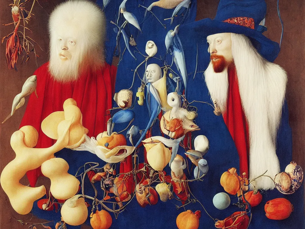 Image similar to Portrait of albino mystic with blue eyes, with exotic beautiful chamelon Painting by Jan van Eyck, Audubon, Rene Magritte, Agnes Pelton, Max Ernst, Walton Ford