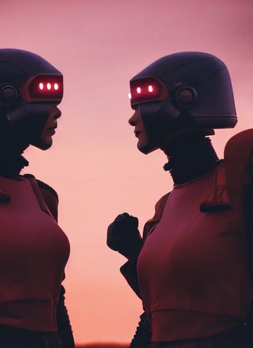 Prompt: cinestill 5 0 d photographic portrait of two loving ostentatious female androids wearing rugged black techwear on a desolate plain with a red sky, extreme closeup, cyberpunk style, garters, dust storm, 8 k, hd, high resolution, 3 5 mm, f / 3 2, ultra realistic faces, ex machina