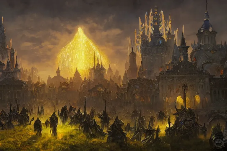 Prompt: kyiv in style of world of warcraft stormwind, kyiv independence square, khreschatyk, alliance, army of light, illustration in style of darek zabrocki, noah bradley, cinematic