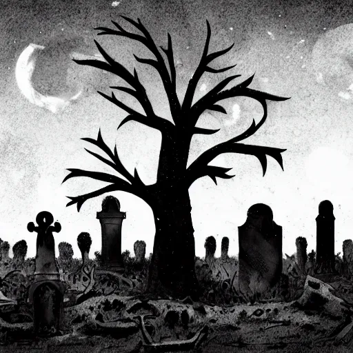 Image similar to skeletal being clawing its way out of a shallow grave, moonlit graveyard, horror, ancient lighting, concept art