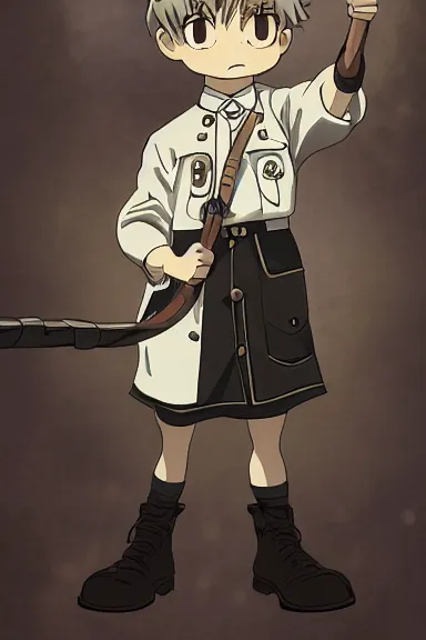 Prompt: beautiful little boy in nazi male uniform posing with an whip. made in abyss art style, sharps focus, cute detailed artwork, anatomically correct, ilya kuvshinov, reflection, perfect composition, wallpaper mobile, digital art, detailed anime soft face, symmetrical face, western comic, illustration, realistic, smooth, lois van baarle, soft details, illumination
