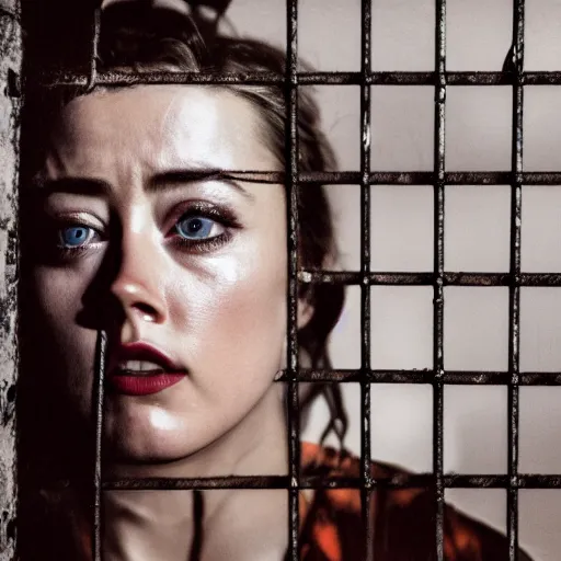 Image similar to amber heard crying alone inside a prison cell behind bars, ultra realistic, canon 3 5 mm portrait photography, 1 8 0 0 s, old timey, 8 k