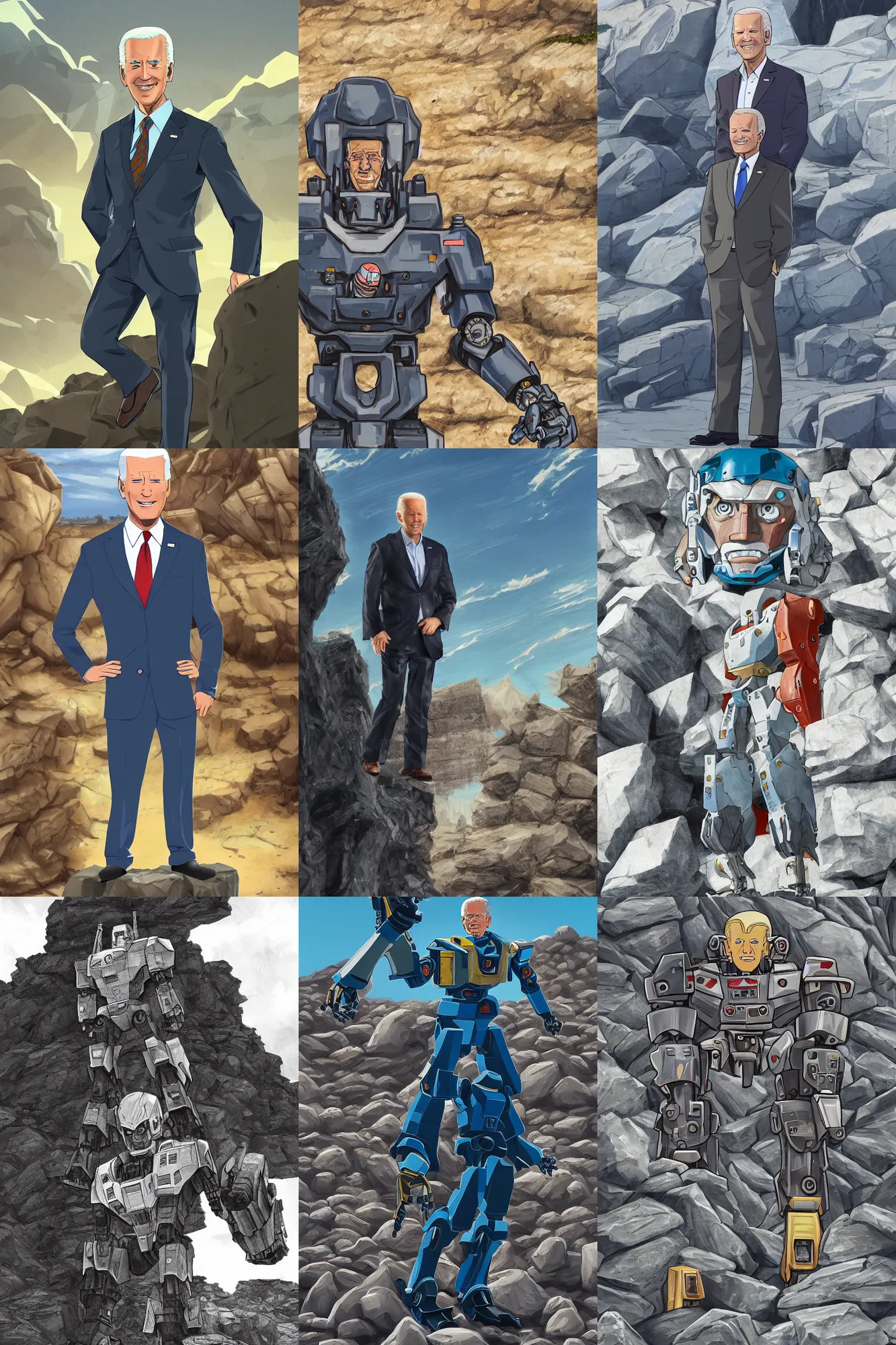 Prompt: character portrait of mecha joe biden standing in a rock quarry, daylight, realistic lighting, good value control joe biden, joe biden, joe biden, joe biden, mecha, robot, intricate, human head, realistic face proportions, takeyuki kanda, shotaro ishinomori, ken ishikawa