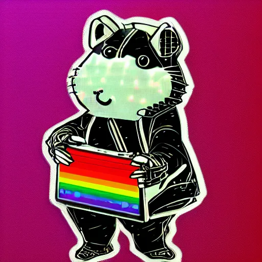 Image similar to cyberpunk hamster! holding rainbow! gem! crystal, neon lights, light reflection, logo, 8 k, hd