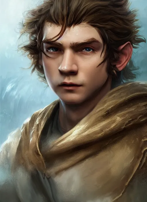 Prompt: teenage hobbit wizard, brown hair, acne, Ivan Aivakovsky, Boris Vallejo, epic fantasy character art, D&D Concept Art, full length, Realistic, Regal, Refined, Detailed Digital Art, Oil Paining, Exquisite detail, post-processing, masterpiece, Cinematic Lighting, Unreal Engine, 8k, HD