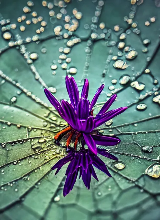 Prompt: beautiful macro photograph of a deep purple spider on a lotus flower, golden hour, golden ratio, nikon d 8 1 0, sigma 8 5 mm ƒ / 2. 5, award - winning, wet hdr refractions, insanely detailed, 8 k, * * * * *