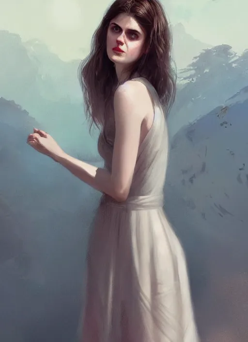 Prompt: a digital painting of Alexandra Daddario wearing a sundress, by netter, beautiful, gorgeous, long hair, style from greg rutkowski, beautiful eyes, full frame, oil painting, featured on artstation, concept art, smooth, sharp focus, illustration, very detailed, ambient lighting, unreal engine render, concept art by Atey Ghailan, by Loish, by Bryan Lee O'Malley