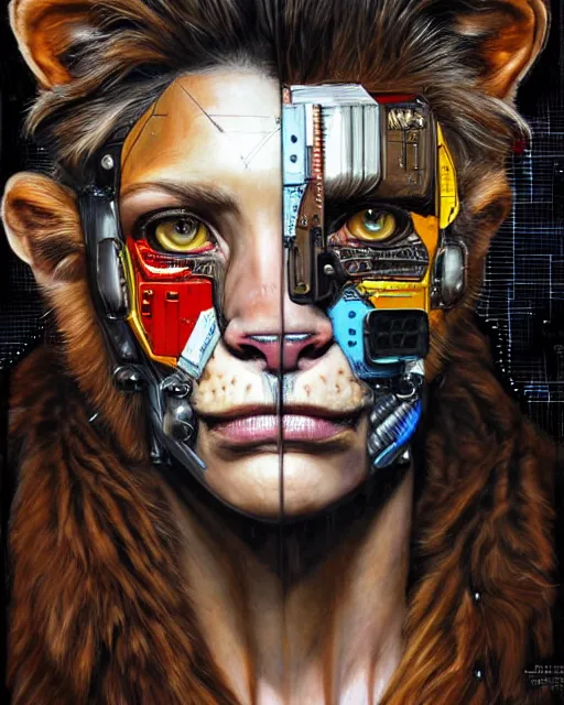 Image similar to a portrait of an anthropomorphic cyberpunk lioness by sandra chevrier, by jon foster, detailed render, tape deck, epic composition, cybernetics, 4 k realistic, cryengine, realistic shaded lighting, sharp focus, masterpiece, by enki bilal