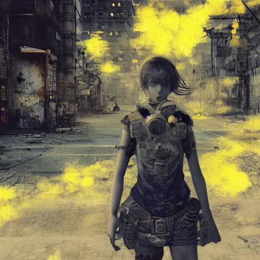 Image similar to post apocalyptic city, crying girl covered in yellow and blue smoke, by akihiko yoshida