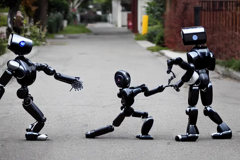 Prompt: photojournalism of sleek humanoid robot being hit with bats by two mean on a residential street