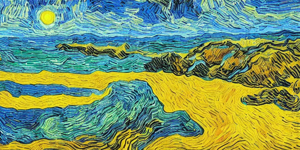 Image similar to a beach between two valley, by Salvador Dali and Van Gogh collaboration, sun set, digital art, high details, drone wide shot