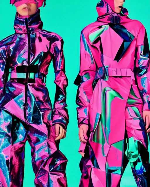 Image similar to a leaked screenshot of Balenciaga's fall 2049 campaign, prismatic, dazzle camouflage!, dayglo pink, dayglo blue, Bladerunner, cyberpunk