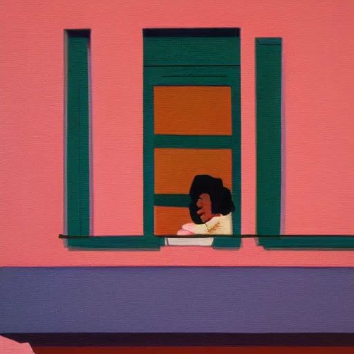 Prompt: a fine art painting from inside the room where a man with black hair is smoking a spliff at the glass door of a balcony at night, inspired by the styles of wes anderson, stanley kubrick and edward hopper, toned orange and pastel pink, given detail.