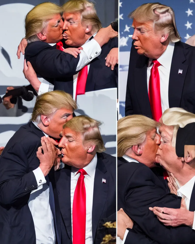 Image similar to high quality photo of donald trump kissing donald trump. donald trump kissing donald trump. donald trump kissing donald trump. award winning