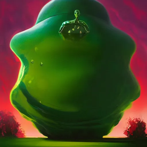 Prompt: a movie poster for the blob!, a giant green gooey sentient slime being, midnight suburbia, movie poster, rhads!!!!, greg rutkowski, ominous masterpiece, trending on artstation