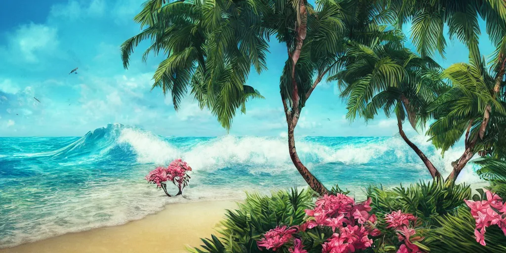 Image similar to the most beautiful tropical island, big waves, seashore, flowers, palmtrees, animals, bokeh, godrays, highly detailed, lowbrow, cinematic, artstation