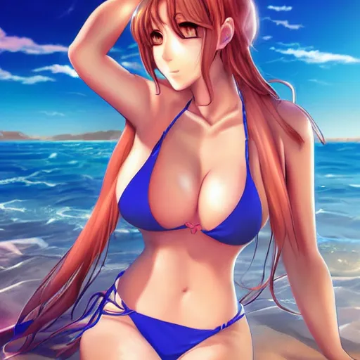 Image similar to beautiful anime dream girl in a bikini on the beach drawn by artgerm