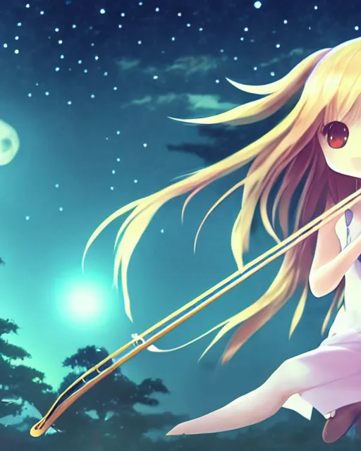 Image similar to chibi, cute, female, full body, elf girl with white skin and golden long wavy hair, holding a violin and playing a song, stunning art style, filters applied, lunar time, night sky, trending art, sharp focus, centered, landscape shot, fate zero, simple background, studio ghibly makoto shinkai yuji yamaguchi, by wlop