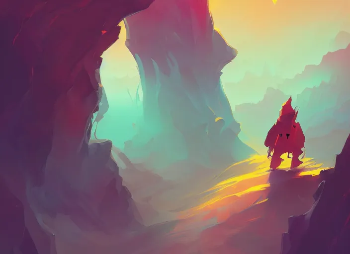 Prompt: a painting of a man walking through a canyon, a digital painting by anton fadeev, behance contest winner, fantasy art, speedpainting, 2 d game art