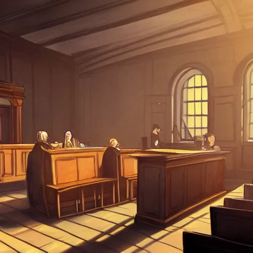 Image similar to a courtroom with the morning light, digital painting, ultradetailed, artstation, ultradetailed, pinterest,