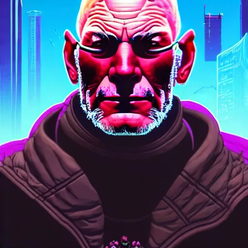 Image similar to portrait painting of a cyberpunk orc who looks like patrick stewart, shadowrun, sharp focus, award - winning, trending on artstation, masterpiece, highly detailed, intricate. art by josan gonzales and moebius and deathburger