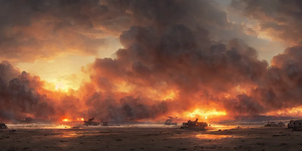 Prompt: the normandy landings, d - day, 1 9 4 5, sunset, chaos, smoke, fire, soldiers charging in, airplanes bombing the beach, destroyed tanks, highly detailed, wide shot, sadness, cinematic, ultra realistic, ray tracing, painting by jessica rossier and ivan shishkin