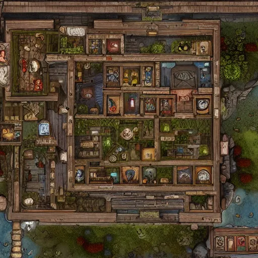 Image similar to An detailed aerial view of a cartoonish tavern by dungeondraft, contaning tables and walls, dnd map , map patreon, fantasy maps, foundry vtt, fantasy grounds, aerial view ,dungeondraft , tabletop, inkarnate, dugeondraft, roll20