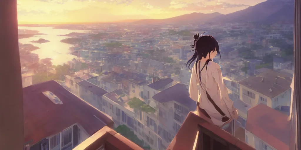 Image similar to beautiful anime painting of a woman looking out of the balcony of her apartment to the coast below, daytime, by makoto shinkai, kimi no na wa, artstation, atmospheric.