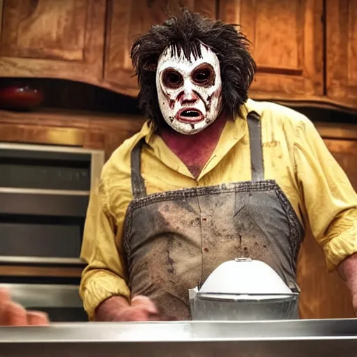 Prompt: Leatherface from the movie Texas Chainsaw Massacre wearing a highly detailed mask is hosting a cooking show