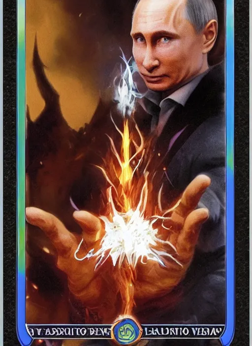 Image similar to a fully photographed magic the gathering card, depicting vladimir putin as a wizzard, 8 k