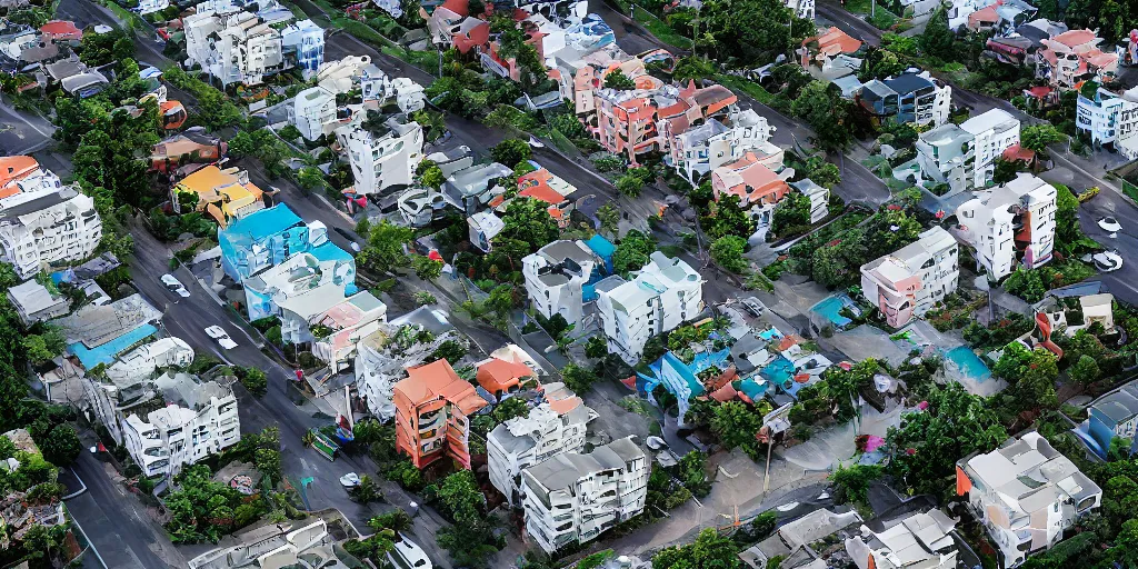 Prompt: isometric view of residential apartments being swept away by a tsunami, drone shot, hyper realistic aerial photography, 8k award-winning image